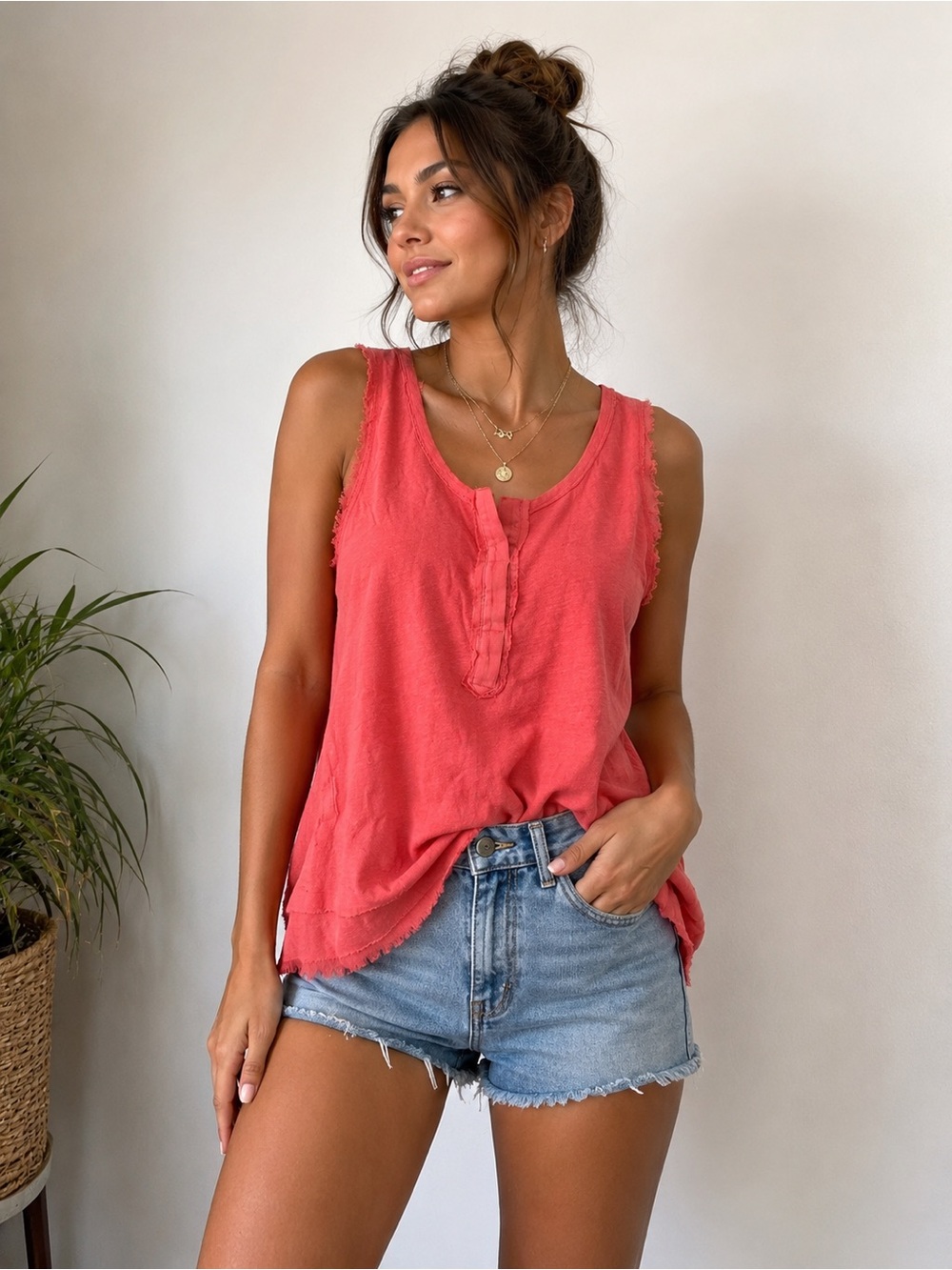 Free People Coral Henley Tank with Frayed Trim